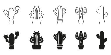 Kaktüs Bitki Hattı ve Katı Simge Seti. Desert Flora, Succulent Care ve Kapalı Bahçe Sembol Koleksiyonu. Tencere içinde çeşitli kaktüs şekilleri. İzole Vektör İllüstrasyonu.