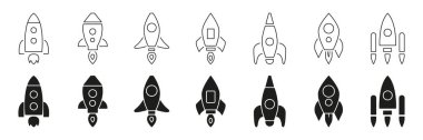 Roket Gemisi Hattı ve Katı Simge Ayarları. Uzay Keşfi, Yenilik ve Teknoloji Sembol Koleksiyonu. Uzay ve bilim temaları için çeşitli roket tasarımları. İzole Vektör İllüstrasyonu.