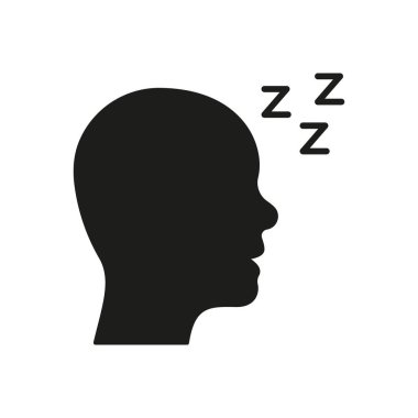 Zzz Katı Simgesiyle Uyuyan Kişi. Uyu, Dinlen ve Gevşeme Silueti Sembolü. Gece Vakti, Rüya Görme ve Uyuklama Sunumu. İzole Vektör İllüstrasyonu.
