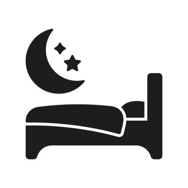 Ayla Yatak ve Yıldızlar Katı Simge. Uyu, Dinlen ve Gece Vakti Gevşeme Silueti Sembolü. Yatak odası konforu ve rüya konsepti. İzole Vektör İllüstrasyonu.