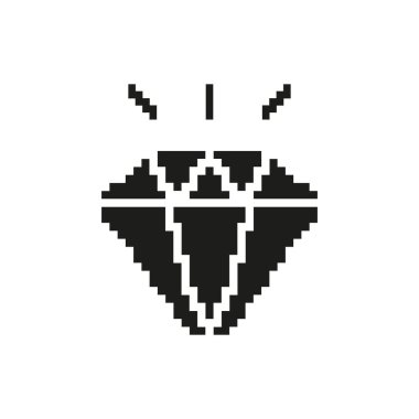 Pikselleştirilmiş elmas ikonu. Lüks, zenginlik ve prestij sembolü. Retro Oyun Tarzı Gemstone Çizimi. İzole Vektör İllüstrasyonu.