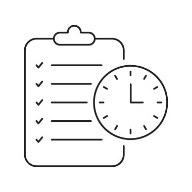 Saat Çizgisi Simgesi ile Kontrol Listesi. Görev Yönetimi, Zaman İzleme ve Üretim Planlama Sembolü. Verimli Çalışma ve Programlama. Düzenlenebilir Vuruş. İzole Vektör İllüstrasyonu.