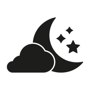 Bulutlu Hilal Ay ve Katı Simge Yıldızları. Gece Hava Durumu, Uyku ve Rüya Gören Siluet Sembolü. Göksel ve Atmosferik Koşullar. İzole Vektör İllüstrasyonu.