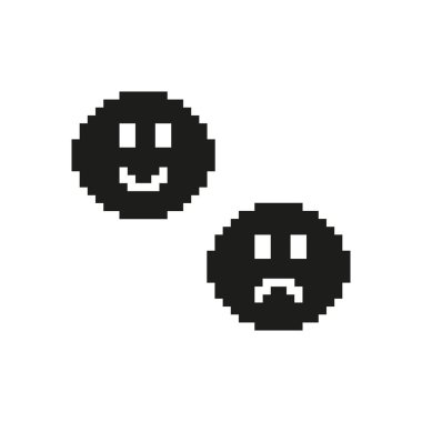 Gülümseyen ve Somurtan Surat Pixel Sanat Simgesi. Duygusal İfade ve Ruh hali Temsil Sembolü. Olumlu ve Olumsuz Duygular. İzole Vektör İllüstrasyonu.