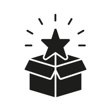 Yıldız Katı Simgesiyle Hediye Kutusunu Aç. Sürpriz, Ödül ve Başarı Kutlama Silueti Sembolü. Hediye verme ve takdir etme. İzole Vektör İllüstrasyonu.