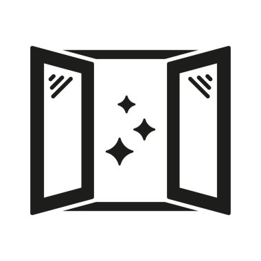 Pırıltılı Simge ile Pencereyi Aç. Temiz hava, temiz çevre ve havalandırma silueti sembolü. Ev hijyeni ve hava kalitesi. İzole Vektör İllüstrasyonu.