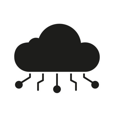 Bulut Hesaplama Ağı Katı Simgesi. Veri Depolama, Bağlantı ve Dijital Altyapı Silüeti Sembolü. Teknoloji Entegrasyonu ve Bilgi Paylaşımı. İzole Vektör İllüstrasyonu.