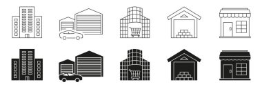 Ticari ve Konut İnşaat Hattı ve Katı Simge Seti. Gayrimenkul, Perakende ve Depo Tesis Sembol Koleksiyonu. Kentsel Altyapı ve Mimarlık. İzole Vektör İllüstrasyonu.