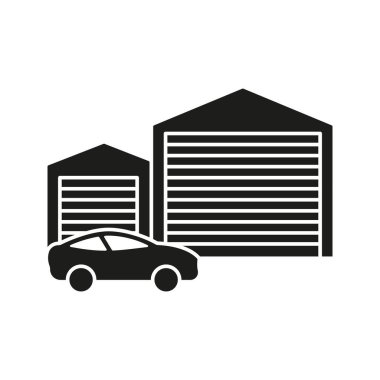Araba ve Garaj Katı Simgesi. Araç Otoparkı, Depolama ve Otomotiv Tesisleri Siluet Sembolü. Ulaşım ve Altyapı. İzole Vektör İllüstrasyonu.