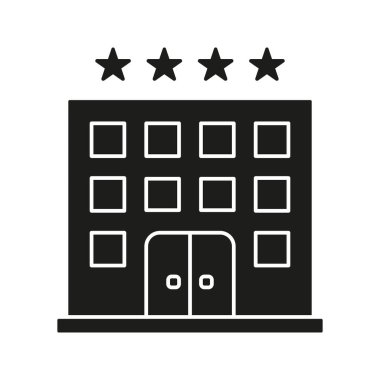 Dört Yıldızlı Otel Binası Katı Simge. Lüks konaklama, misafirperverlik ve Seyahat Silueti Sembolü. Yüksek kalite hizmet ve rahatlık sunumu. İzole Vektör İllüstrasyonu.