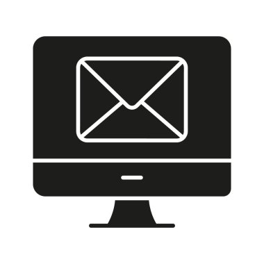 E- posta Zarfı Katı Simgesi olan Bilgisayar. Dijital İletişim, Çevrimiçi Mesajlaşma ve E- posta Bildirimi Siluet Sembolü. İnternet Bağlantısı. İzole Vektör İllüstrasyonu.