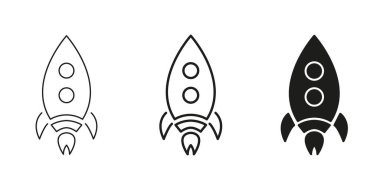 Roket Gemi Simgeleri hatta, ana hatlarda ve simge simgesinde. Uzay Keşfi ve Yenilik Sembol Koleksiyonu. Uzay, teknoloji ve başlangıç teması için ideal bir yer. İzole Vektör İllüstrasyonu.
