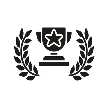 Laurel Çelenk Katı Simge ile Kupa. Başarı, Mükemmellik ve Zafer Tanıma Silueti Sembolü. Ödül ve Onur Temsilcisi. İzole Vektör İllüstrasyonu.