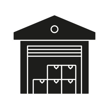 Kutulu Depo Katı Simge. Depolama Tesisi, Envanter Yönetimi ve Lojistik Siluet Sembolü. Verimli İkmal Zinciri Operasyonları. İzole Vektör İllüstrasyonu.