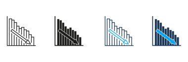 Aşağı ok çizgisi ve Katı Simge Ayarlı çubuk grafiği reddediliyor. Mali Kayıplar, Ekonomik Çöküş ve İş İdaresi Sembol Koleksiyonu. Risk Değerlendirmesi. İzole Vektör İllüstrasyonu.