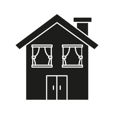 Perdeli Ev Katı Simge. Konut Binası, Ev Konforu ve Gizlilik Silueti Sembolü. Mimari Tasarım ve Yaşam Alanı Sunumu. İzole Vektör İllüstrasyonu.