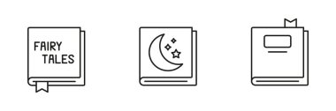 Peri Masalı ve Hikaye Çizgisi Simgesi Ayarlandı. Hayali Edebiyat, Fantezi ve Çocuklar Sembol Koleksiyonu. Okuma ve Eğitim Teması. Düzenlenebilir Vuruş. İzole Vektör İllüstrasyonu.