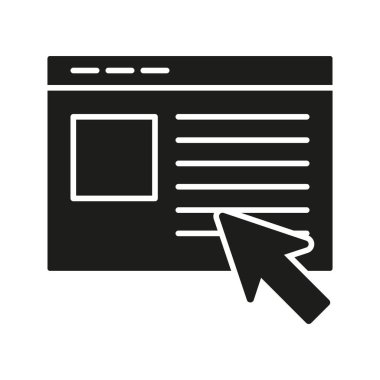 İmleç Katı Simgesi ile Web sayfası. Çevrimiçi Navigasyon, İnternet Tarayıcılığı ve Web Sitesi Etkileşim Silüeti Sembolü. Dijital Kullanıcı Arayüzü. İzole Vektör İllüstrasyonu.