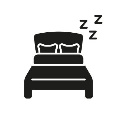 Uyku Sembollü Yatak Katı Simge Simgesi. Dinlenme, rahatlama ve uyku kalitesi silueti sembolü. Yatak odası konforu ve gece rutini. İzole Vektör İllüstrasyonu.
