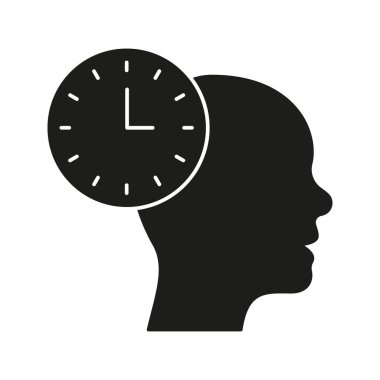Katı Saat Simgesiyle Baş. Zaman Yönetimi, Üretkenlik ve Zihinsel Planlama Silüeti Sembolü. Bilişsel Verimlilik ve Planlama. İzole Vektör İllüstrasyonu.