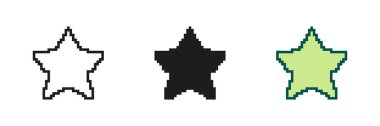 Pixel Art 'ta Star Icon Set. Pikselleştirilmiş Beş Noktalı Yıldız. Mükemmellik ve Başarı Sembolü. Derecelendirme veya Ödüller için pikselleştirilmiş yıldız şekli. İzole Vektör İllüstrasyonu.