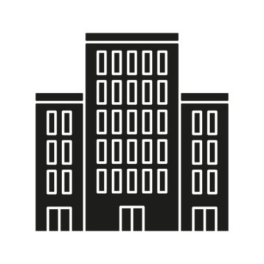 Ofis Binası Katı Simgesi. Şehir Mimarisi, Şirket Merkezi ve İş Merkezi Siluet Sembolü. Şehir ve Gayrimenkul Geliştirme. İzole Vektör İllüstrasyonu.