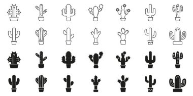 Kaktüs Bitki Hattı ve Katı Simge Seti. Desert Flora, Succulent ve Botanik Taslak ve Siluet Sembol Koleksiyonu. Çeşitli Kaktüs Şekilleri. İzole Vektör İllüstrasyonu.