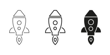 Roket fırlatma hattı, ana hatları ve simge simgesi ayarlandı. Uzay Keşfi, İnovasyon ve Başlangıç Büyüme Sembol Koleksiyonu. Fütürist ve Teknolojik Gelişim. İzole Vektör İllüstrasyonu.