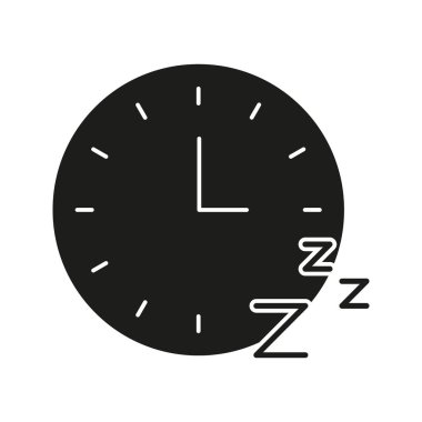Uyku Sembollü Saat Katı Simge Simgesi. Uyku Programı, Dinlenme ve Gevşeme Zamanlaması Siluet Sembolü. Uyku Hijyeni ve Circadian Ritim. İzole Vektör İllüstrasyonu.