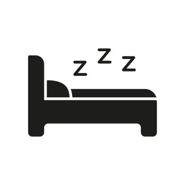Uyku Zzz 'li Yatak Katı Simgesi. Dinlen, rahatla ve Uyku İzleme Silueti Sembolü. Gece vakti, uyku kalitesi ve rahatlık sunumu. İzole Vektör İllüstrasyonu.