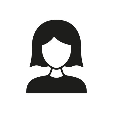 Dişi Avatar Katı Simge. Kullanıcı Profili, Hesap Temsili ve Kimlik Silüeti Sembolü. Çevrimiçi varlık ve sosyal medya. İzole Vektör İllüstrasyonu.