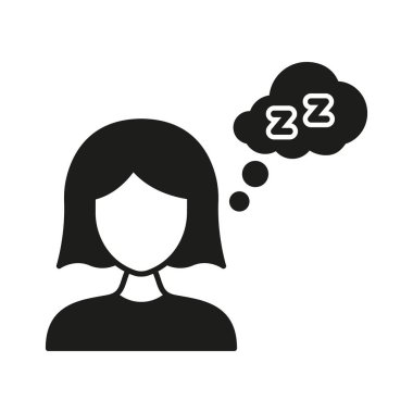 Kadın Uyuyan Düşünce Katı Simgesi. Dinlenme, rahatlama ve Uyku Silüeti Sembolü. Rüya ve uyku kavramı. İzole Vektör İllüstrasyonu.