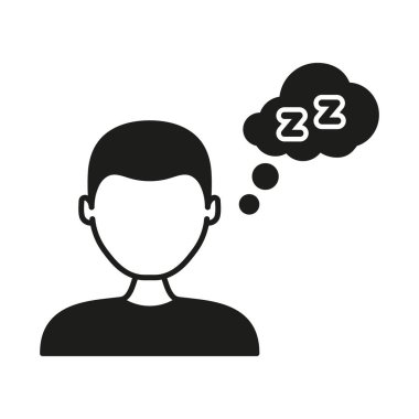 Uyku Katı Simgesi 'ni düşünen kişi. Dinlenme, rahatlama ve Rüya Gören Siluet Sembolü. Uykucu Düşünceler ve Zihinsel Yorgunluk Sunumu. İzole Vektör İllüstrasyonu.