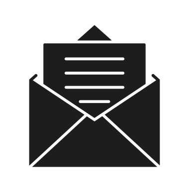 Harf Katı Simgesi ile Zarfı Aç. E- posta İletişim, Mesaj Gönderme ve Posta Yazışmaları Siluet Sembolü. Dijital etkileşim. İzole Vektör İllüstrasyonu.