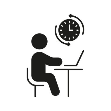 Katı saat simgesiyle dizüstü bilgisayarda çalışan kişi. Zaman Yönetimi, Üretim ve Uzaktan Çalışma Silueti Sembolü. Verimli Çalışma Programı ve Görev Programı. İzole Vektör İllüstrasyonu.