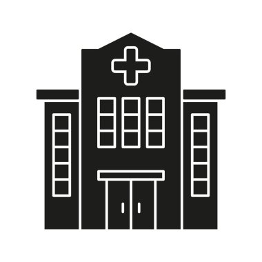Hastane Binası Katı Simge. Sağlık Tesisi, Tıp Merkezi ve Acil Servis Siluet Sembolü. Sağlık Altyapısı Temsilcisi. İzole Vektör İllüstrasyonu.
