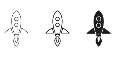 Roket fırlatma hattı, ana hatları ve simge simgesi ayarlandı. Fütürist ve Teknolojik Gelişim. Uzay Keşfi, İnovasyon ve Başlangıç Büyüme Sembol Koleksiyonu. İzole Vektör İllüstrasyonu.