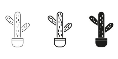 Sıraya dizilmiş kaktüs, ana hatlar ve simge simgesi seti. Çöl Bitkisi ve Sulu Sembol Koleksiyonu. Doğa ve Ev Dekorasyonu. İzole Vektör İllüstrasyonu.