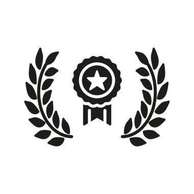 Laurel Çelenkli Kurdele Katı Simge. Başarı, Mükemmellik ve Tanınma Silueti Sembolü. Onur ve Prestij Temsilcisi. İzole Vektör İllüstrasyonu.