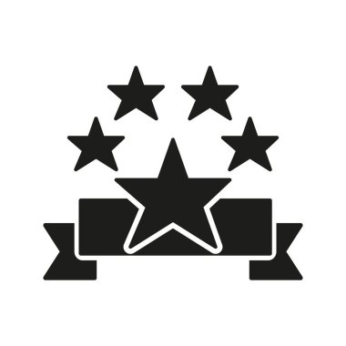 Kurdele Katı Simgesiyle Beş Yıldızlı Sınıflandırma. Kalite Güvencesi, Mükemmellik ve En İyi Performans Silüeti Sembolü. Başarı Tanıma ve Ödül Sunumu. İzole Vektör İllüstrasyonu.