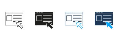 Webpage İmleç Etkileşimi Satırı ve Katı Simge Ayarları. Kullanıcı Arayüzü Navigasyonu ve Tıklama Eylem Sembol Koleksiyonu. Web sitesi Tarama ve Çevrimiçi Etkileşim. İzole Vektör İllüstrasyonu.
