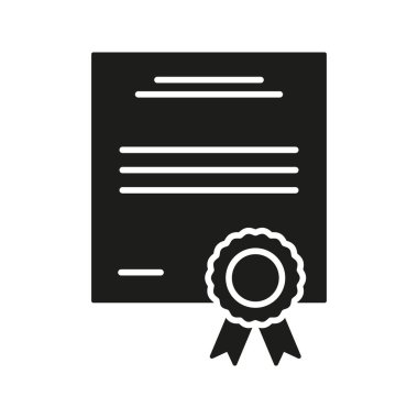 Kurdele Katı Simgesi Sertifikası. Başarı, Tanınma ve Sertifikalı Siluet Sembolü. Eğitimsel Başarı ve Ödül Temsilcisi. İzole Vektör İllüstrasyonu.