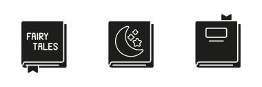 Peri Masalı ve Masal Kitabı Katı Simge Seti. Fantezi Edebiyatı, Gece Vakti Okuma ve Yer İmleri Sembol Koleksiyonu. Hayali hikaye anlatma ve kitap tasarımı. İzole Vektör İllüstrasyonu.