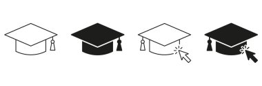İmleç çizgisi ve Katı Simge Ayarlı Mezuniyet Kaptanı. Çevrimiçi Eğitim, E-Öğrenme ve Dijital Mezuniyet Sembol Koleksiyonu. Akademik Başarı ve Sanal Öğrenme. İzole Vektör İllüstrasyonu.