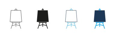 Easel Line ve Solid Icon Set. Sanat Sunumu, Resim Gösterimi ve Yaratıcı Atölye Sembol Koleksiyonu. Sanatsal aletler ve ekipmanlar. İzole Vektör İllüstrasyonu.