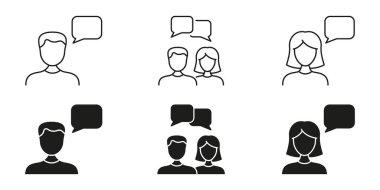 Erkek ve Kadın İletişim Hattı ve Katı Simge Seti. Konuşma, Diyalog ve Etkileşim Sembol Koleksiyonu. Sosyal ağ ve mesajlaşma. İzole Vektör İllüstrasyonu.