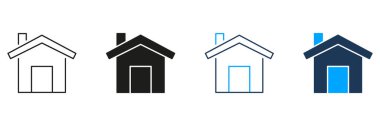 Ev Simgesi Hattı ve Katı Simge Ayarları. Konut Binası, Ev ve Gayrimenkul Sembol Koleksiyonu. Mimari Tasarım ve Mülkiyet Temsili. İzole Vektör İllüstrasyonu.
