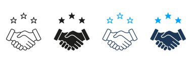 Stars Line ve Solid Icon Set ile tokalaşın. Ortaklık, Güven ve Müşteri Memnuniyeti Sembol Koleksiyonu. İş anlaşması ve kalite güvencesi. İzole Vektör İllüstrasyonu.