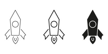 Roket fırlatma hattı, ana hatları ve simge simgesi ayarlandı. Uzay Keşfi, İnovasyon ve Başlangıç Büyüme Sembol Koleksiyonu. Gelecekçi Teknoloji ve İlerleme. İzole Vektör İllüstrasyonu.