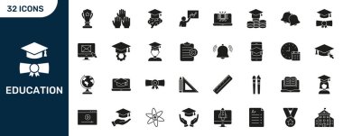 Eğitim ve Siluet Simgesi Simgesi Seti. Akademik Başarı, Çevrimiçi Kurslar ve Bilgi Geliştirme Sembol Koleksiyonu. Mezuniyet, E-Öğrenme ve Okul Aletleri. İzole Vektör İllüstrasyonu.